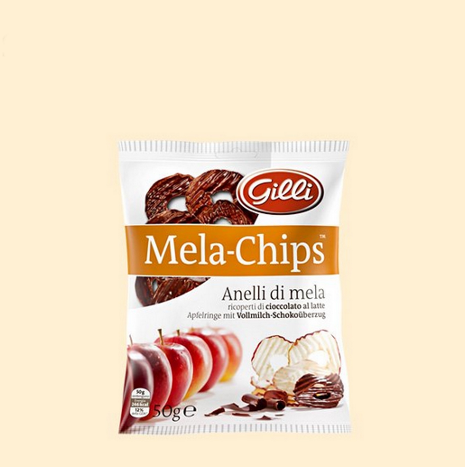 Mela-Chips mit Überzug aus Vollmilch-Schokolade 50 gr. - Gilli